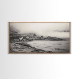 Coastal Fog Village, Misty Ocean Cliff Scene, Black and White Landscape, Canvas Print, Bedroom Wall Art, Rustic Coastal Decor