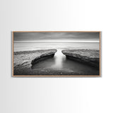 Ocean Rock Split, Calm Seascape Horizon, Monochrome Photography, Canvas Print, Bathroom Wall Art, Zen Coastal Aesthetic, Office Wall Art