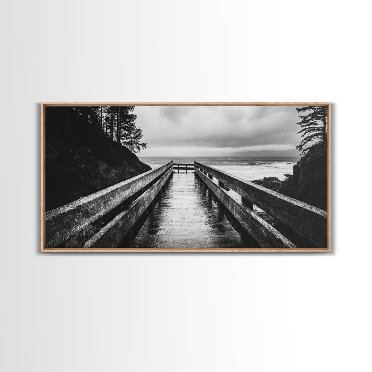 Rainy Dock View, Ocean Storm Mood, Moody Coastal Photo, Canvas Print, Living Room Wall Art, Black and White Nautical Decor, Rustic Coastal