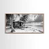 Tropical Hut, Palm Tree Scene, Island Escape Photo, Framed Canvas Print, Beach House Wall Art, Rustic Boho Coastal Decor, Nature Scene
