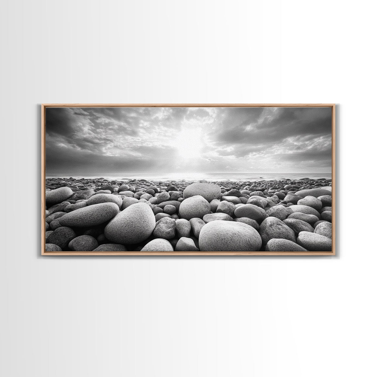 Pebble Beach Sunrise, Serene Rock Shore, Ocean Horizon Light, Framed Canvas Print, Bathroom Wall Art, Minimalist Coastal Decor
