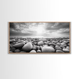 Pebble Beach Sunrise, Serene Rock Shore, Ocean Horizon Light, Framed Canvas Print, Bathroom Wall Art, Minimalist Coastal Decor