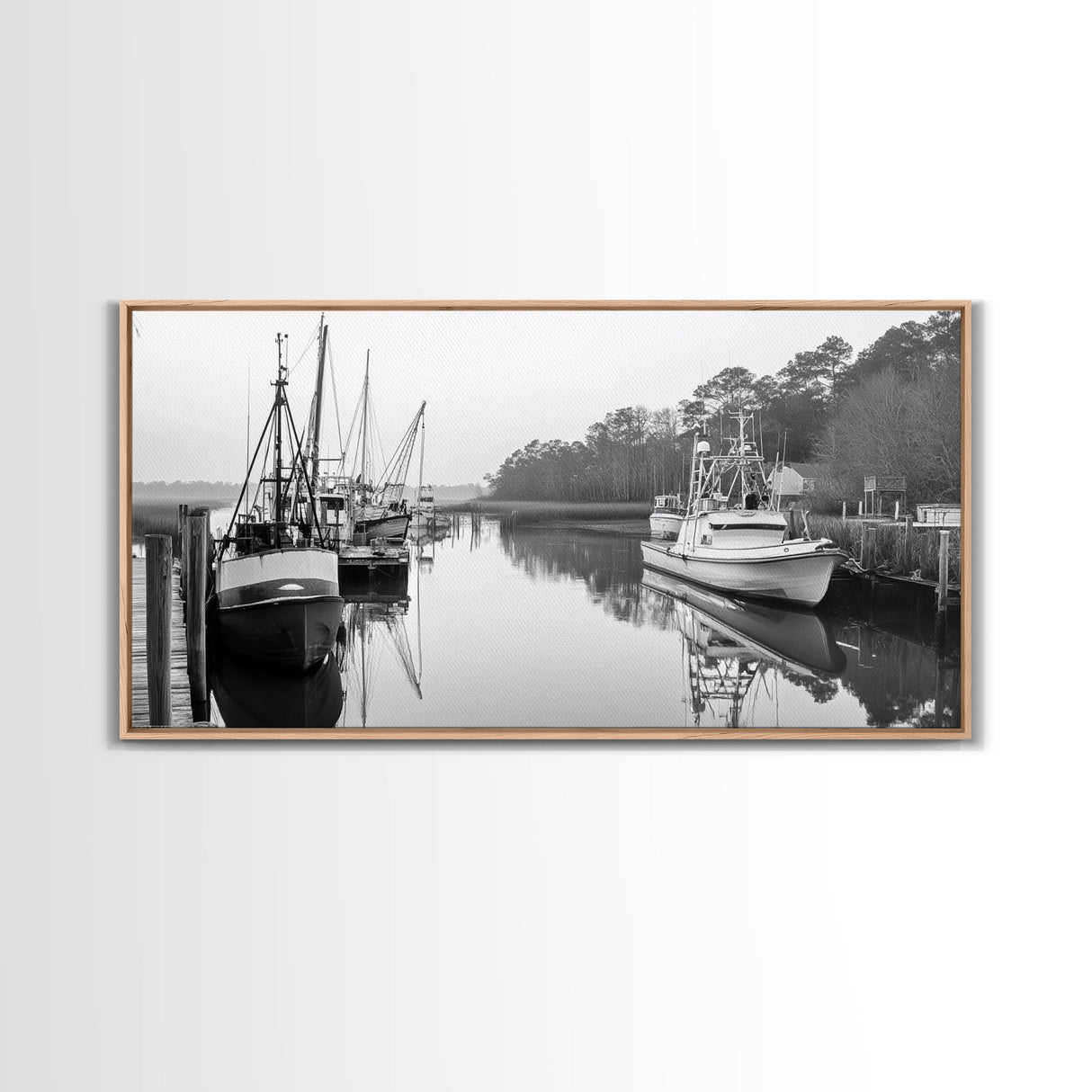 Fishing Boats Docked, Quiet Harbor Scene, Nautical River View, Framed Canvas Print, Kitchen Wall Art, Rustic Coastal Decor, Lodge Wall Art