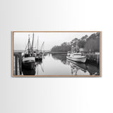 Fishing Boats Docked, Quiet Harbor Scene, Nautical River View, Framed Canvas Print, Kitchen Wall Art, Rustic Coastal Decor, Lodge Wall Art