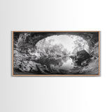 Cave Entrance Lake, Hidden Forest View, Rock Reflection Water, Canvas Print, Hallway Wall Art, Adventure Wilderness Decor, Minimalist Style