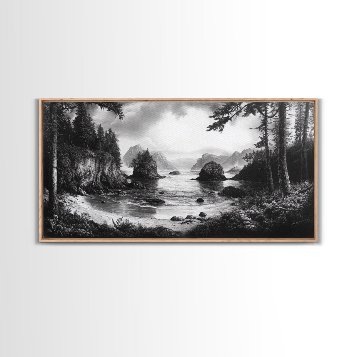 Coastal Forest View, Mountain Sea Horizon, Romantic Nature Scene, Framed Canvas Print, Living Room Wall Art, Vintage Landscape