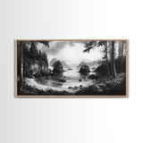 Coastal Forest View, Mountain Sea Horizon, Romantic Nature Scene, Framed Canvas Print, Living Room Wall Art, Vintage Landscape