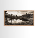 Forest Pond Reflection, Tranquil Lake Trees, Serene Nature Scene, Framed Canvas Print, Fall Wall Art, Rustic Cabin Decor, Living Room Wall Art