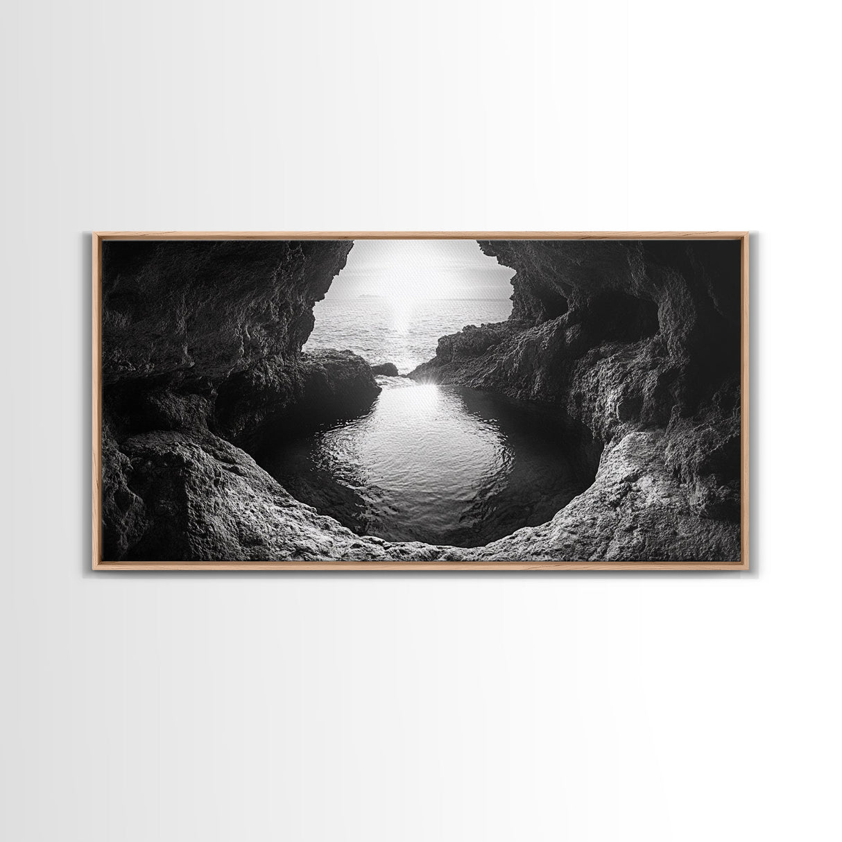 Ocean Cave Sunset, Seascape Art, Black and White Photography, Coastal Decor, Minimalist Style, Canvas Print, Bathroom Wall Art
