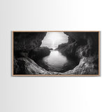 Ocean Cave Sunset, Seascape Art, Black and White Photography, Coastal Decor, Minimalist Style, Canvas Print, Bathroom Wall Art