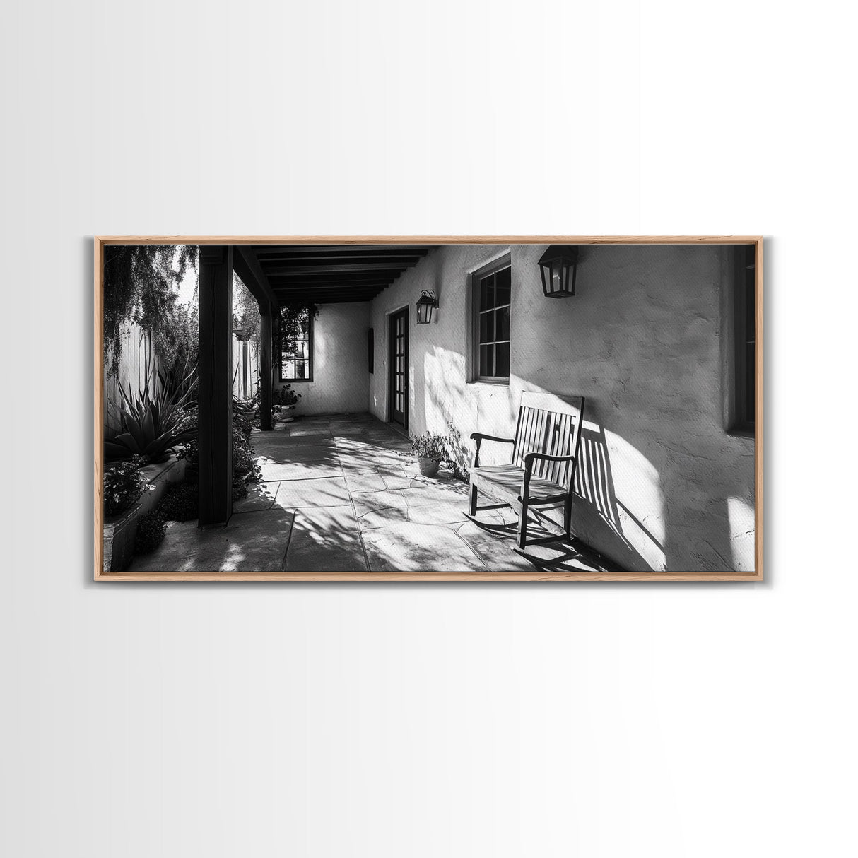Porch Shadows Light, Rustic Patio, Black and White Decor, Farmhouse Entryway, Framed Canvas Print, Country Kitchen Wall Art, Bedroom Wall Art