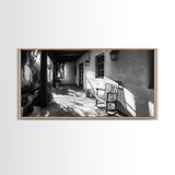 Porch Shadows Light, Rustic Patio, Black and White Decor, Farmhouse Entryway, Framed Canvas Print, Country Kitchen Wall Art, Bedroom Wall Art