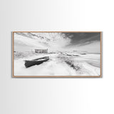 Snowy Coastal Boat, Rustic Winter Landscape, Farmhouse Wall Art, Neutral Tones, Canvas Print, Entryway or Fall Seasonal Decor