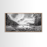 Forest Lake Serenity, Monochrome Nature, Tranquil Landscape, Canvas Print, Lodge Wall Art, Minimalist Cabin Decor, Black White