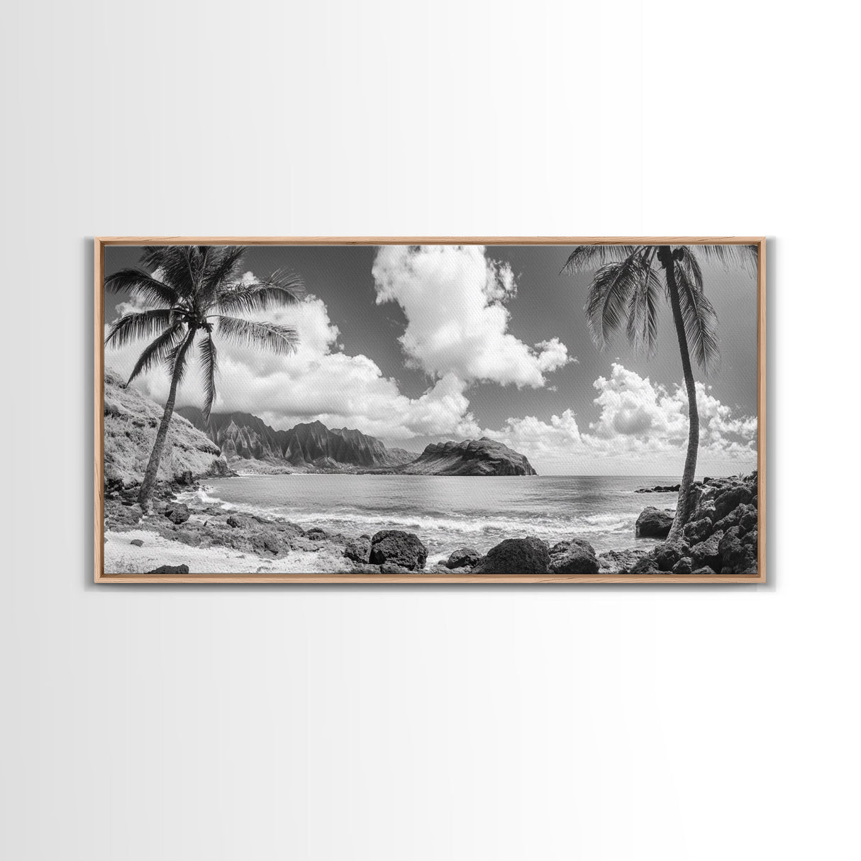 Tropical Beach View, Palm Tree Paradise, Black and White Island, Coastal Wall Decor, Canvas Print, Boho Living Room Art, Office Wall Art