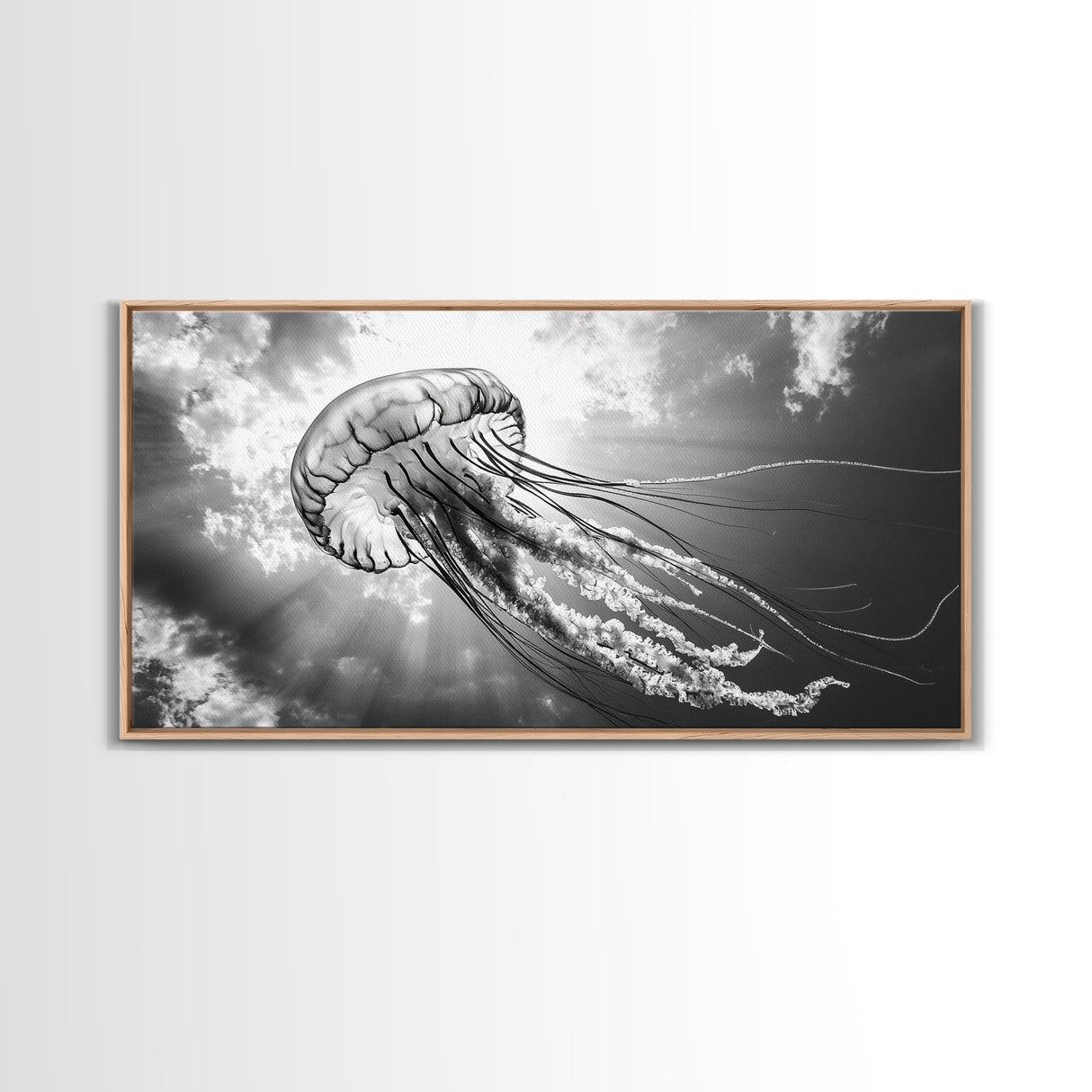 Jellyfish In Light, Ocean Life Art, Monochrome Sea Creature, Canvas Print, Coastal Bathroom Wall Art, Marine Modern Decor, Office Wall Art