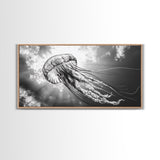 Jellyfish In Light, Ocean Life Art, Monochrome Sea Creature, Canvas Print, Coastal Bathroom Wall Art, Marine Modern Decor, Office Wall Art
