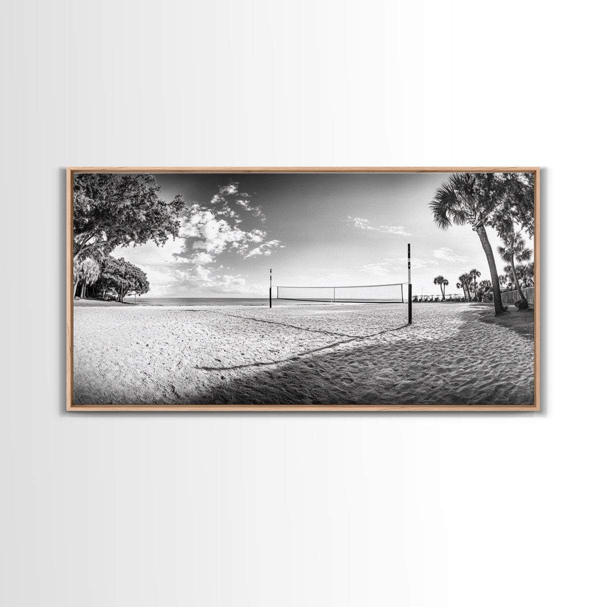 Volleyball Net, Coastal Leisure Scene, Bright Beach Vibe, Framed Canvas Print, Game Room Wall Art, Sporty Summer Beach Style