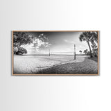 Volleyball Net, Coastal Leisure Scene, Bright Beach Vibe, Framed Canvas Print, Game Room Wall Art, Sporty Summer Beach Style