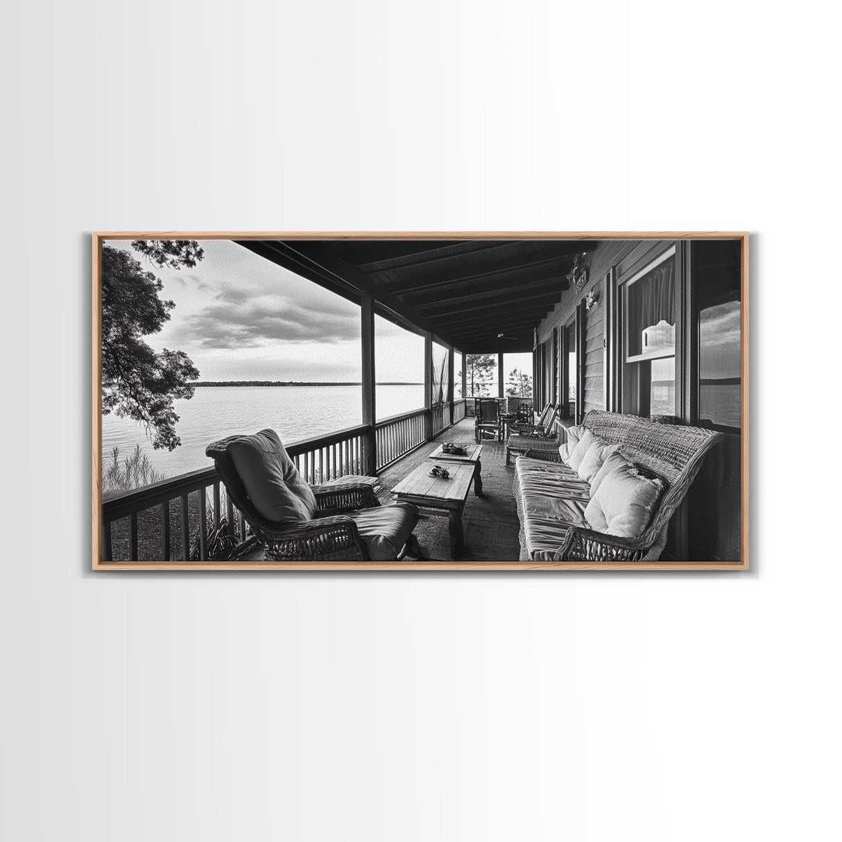 Porch Lake View, Rustic Escape, Cabin Life, Vintage Charm, Framed Canvas Print, Entryway Wall Art, Country Home Aesthetic, Cozy Style