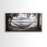 Hammock Lake, Restful Retreat, Trees Framing, Relax Mood, Framed Canvas Print, Bedroom Wall Art, Slow Living Style, Boho Natural Art