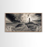 Lighthouse Path, Stormy Beach, Moody Coastline, Wall Decor, Framed Canvas Print, Coastal Wall Art, Rustic Bathroom, Nautical Style Print