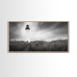Lighthouse Grass, Seaside Tower, Stormy Sky, Black White, Framed Canvas Print, Beach Bathroom Art, Minimalist Decor, Nautical Print