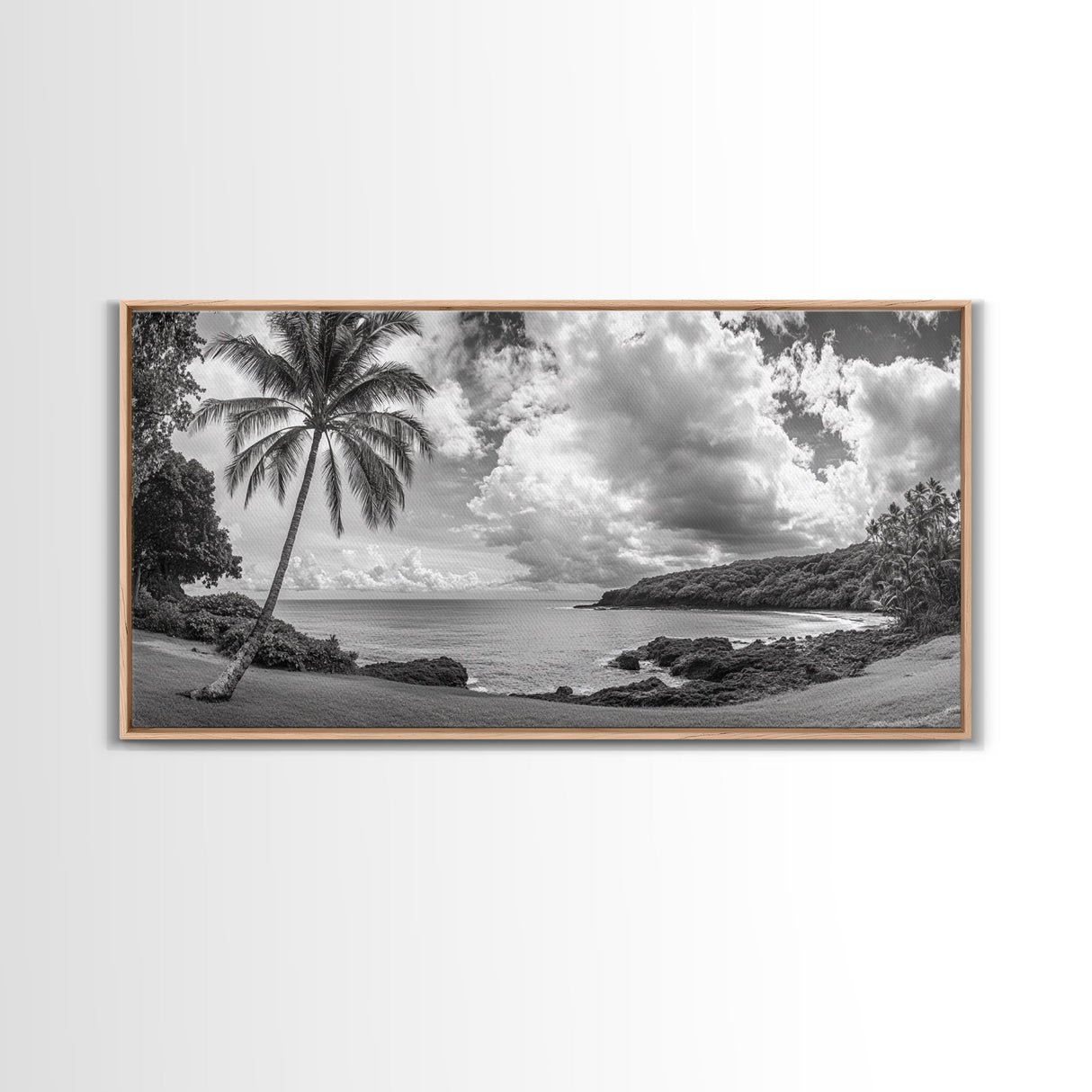 Tropical Coast, Palm Beach, Island View, Cloudy Sky, Framed Canvas Print, Coastal Living Room Art, Beach Wall Decor, Summer Style