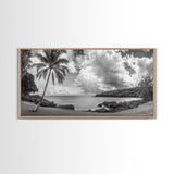 Tropical Coast, Palm Beach, Island View, Cloudy Sky, Framed Canvas Print, Coastal Living Room Art, Beach Wall Decor, Summer Style