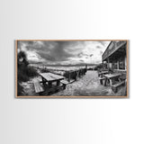 Beach Boardwalk, Coastal Restaurant, Moody Seaside View, Framed Canvas Print, Kitchen or Bar Wall Art, Rustic Autumn Decor