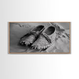 Moccasins in Sand, Rustic Footwear Art, Cultural Detail Photo, Framed Canvas Print, Boho Entryway Wall Decor, Western Minimalist