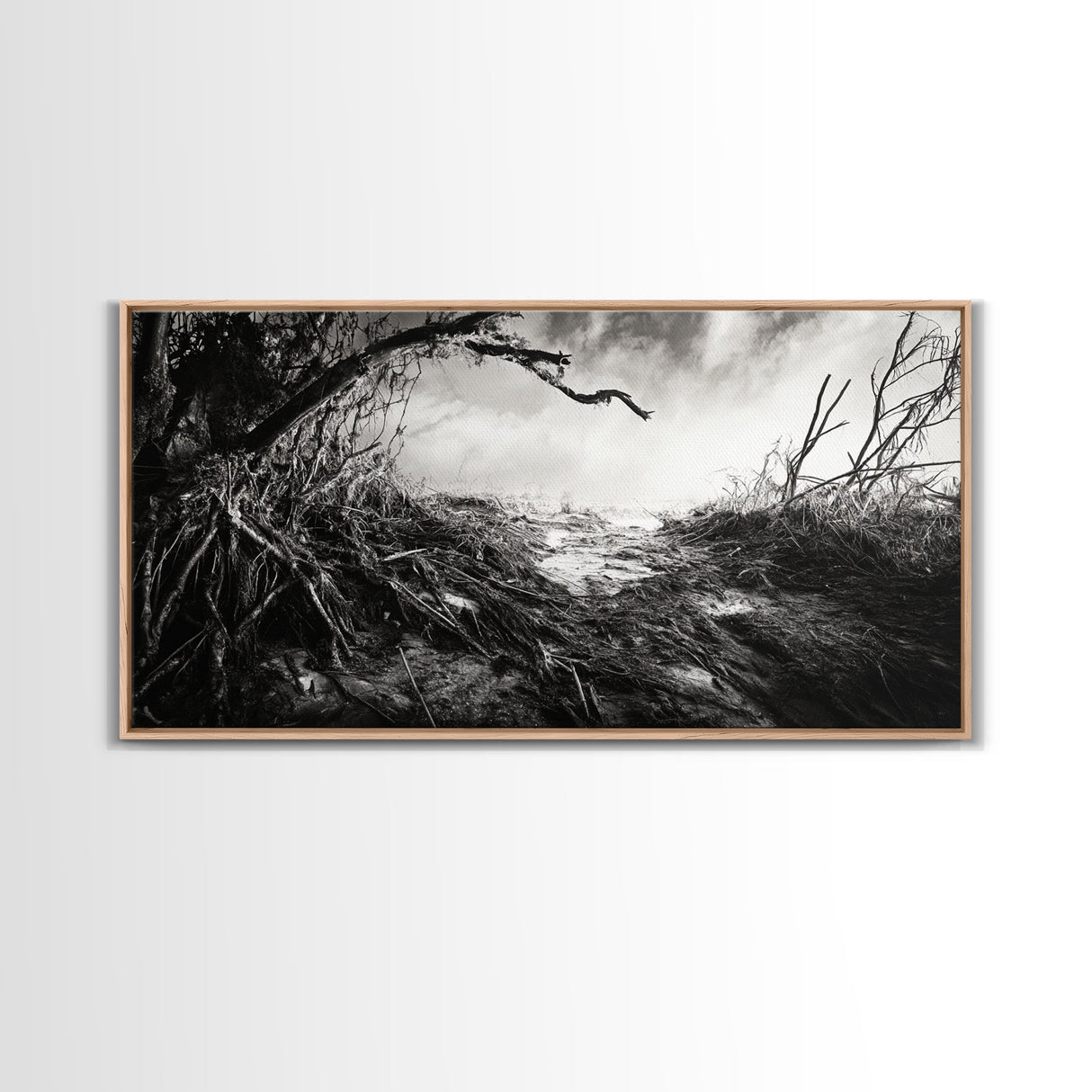 Stormy Shore, Erosion Roots, Driftwood Beach, Nature Drama, Framed Canvas Print, Moody Wall Art, Fall Living Room Decor, Dark Rustic Style