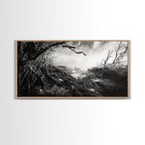 Stormy Shore, Erosion Roots, Driftwood Beach, Nature Drama, Framed Canvas Print, Moody Wall Art, Fall Living Room Decor, Dark Rustic Style