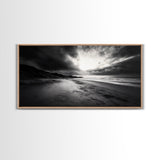 Stormy Coast, Dramatic Sky, Ocean Dusk, Monochrome Landscape, Framed Canvas Print, Bedroom Wall Art, Minimalist Coastal Decor