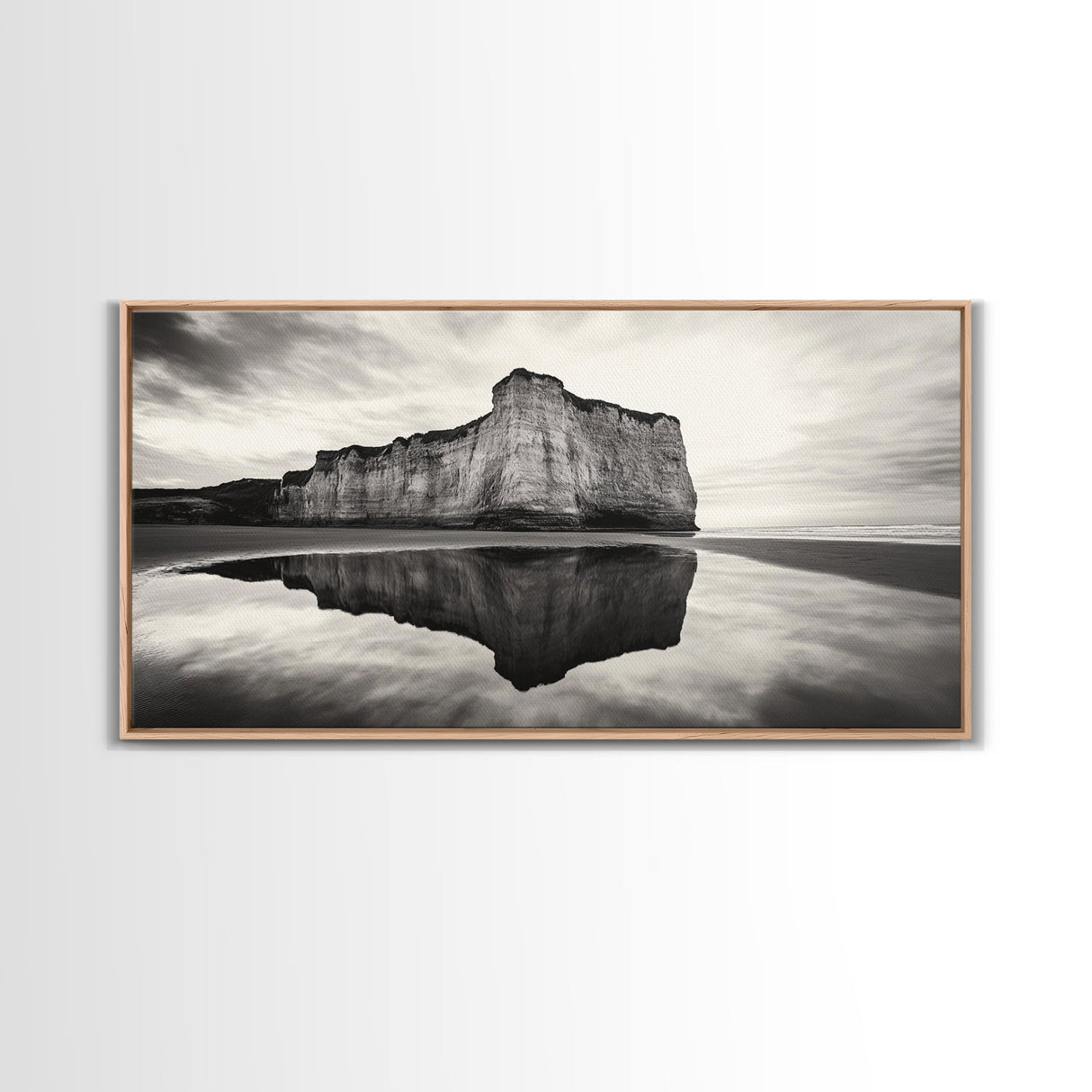Cliff Reflection, Coastal Monolith, Seashore Beauty, Sunset Vibes, Framed Canvas Print, Living Room Art, Minimalist Beach Scene