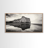 Cliff Reflection, Coastal Monolith, Seashore Beauty, Sunset Vibes, Framed Canvas Print, Living Room Art, Minimalist Beach Scene