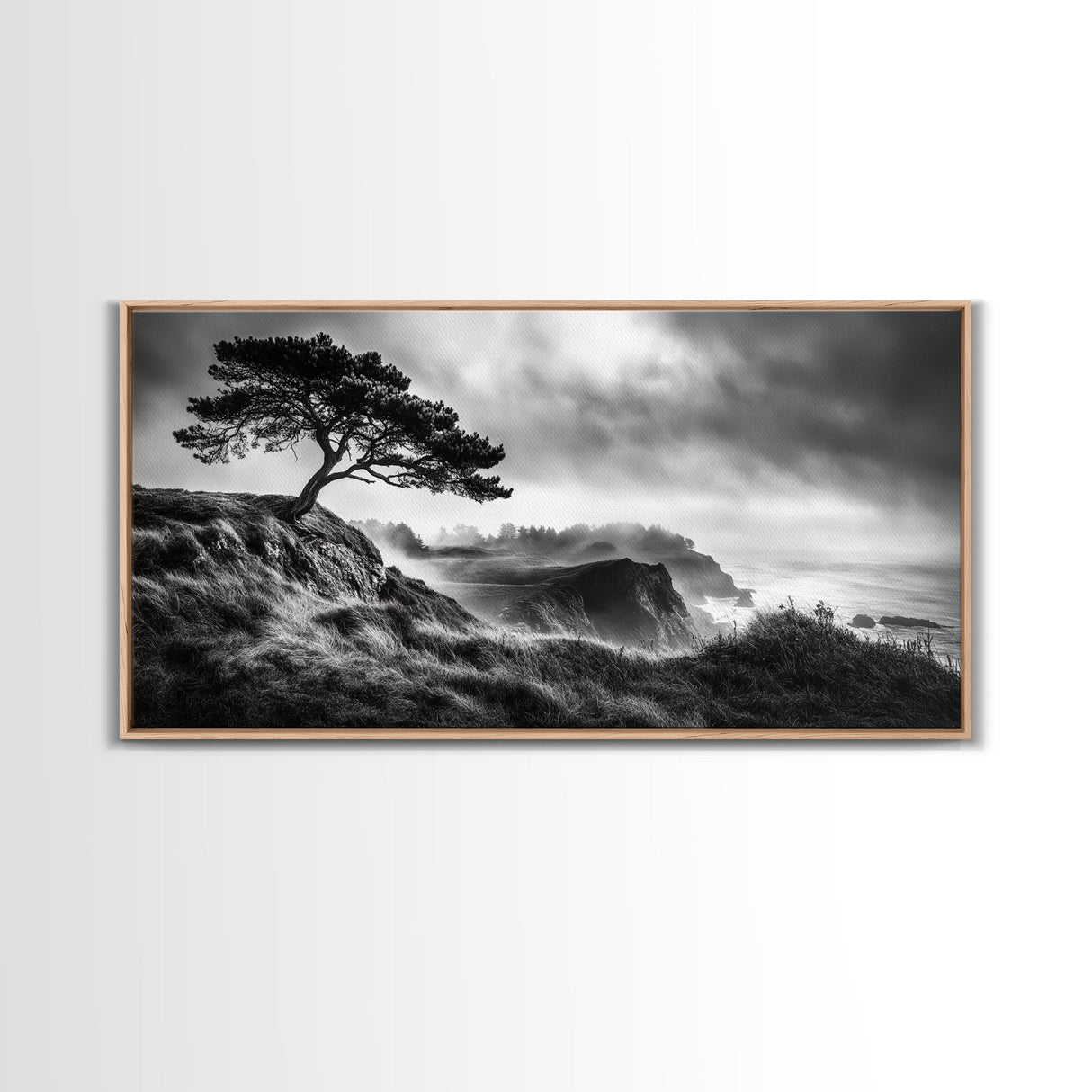 Lone Tree, Foggy Cliffs, Dramatic Landscape, Moody Sky, Framed Canvas Print, Nature Wall Art, Cabin Decor, Autumn Coastal Vibes