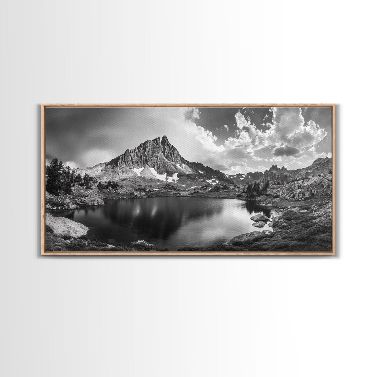 Alpine Lake, Rocky Mountain, Scenic Vista, Nature Reflection, Framed Canvas Print, Rustic Wall Art, Bedroom Wilderness Decor