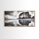 Beach Reflection, Seaside Rock, Cloudy Horizon, Coastal View, Framed Canvas Print, Minimalist Wall Art, Bathroom Ocean Decor