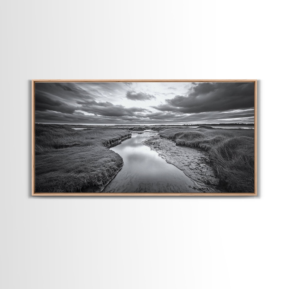 Marshland Serenity, River Flow, Cloudy Mood, Nature Calm, Framed Canvas Print, Coastal Wall Art, Bathroom Tranquil Landscape