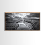 Marshland Serenity, River Flow, Cloudy Mood, Nature Calm, Framed Canvas Print, Coastal Wall Art, Bathroom Tranquil Landscape