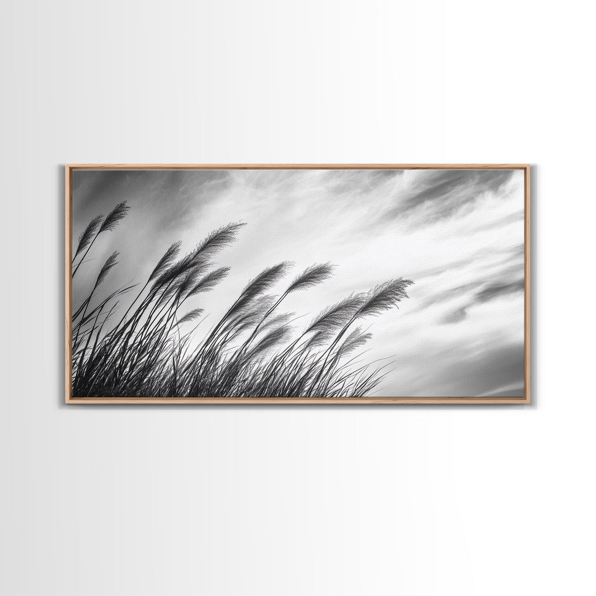 Pampas Grass, Wind Blown, Sky Motion, Autumn Field, Framed Canvas Print, Boho Wall Art, Bedroom Fall Botanical Decor, Living Room Decor