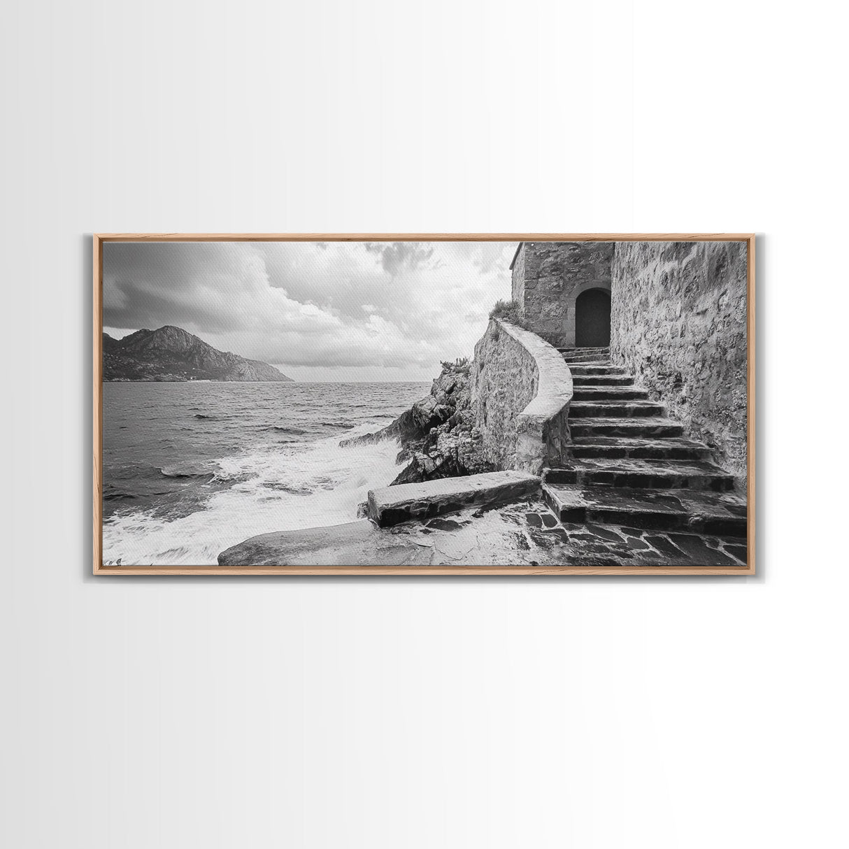 Stone Stairway, Ocean Cliff, Coastal Architecture, Mediterranean Charm, Framed Canvas Print, Rustic Wall Art, Entryway Travel Decor