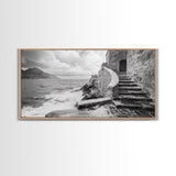 Stone Stairway, Ocean Cliff, Coastal Architecture, Mediterranean Charm, Framed Canvas Print, Rustic Wall Art, Entryway Travel Decor