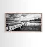 Marsh Dock Scene, Tranquil Water Landscape, Rustic Pier Canvas Print, Black and White Nature, Entryway Art, Coastal Country Home Decor