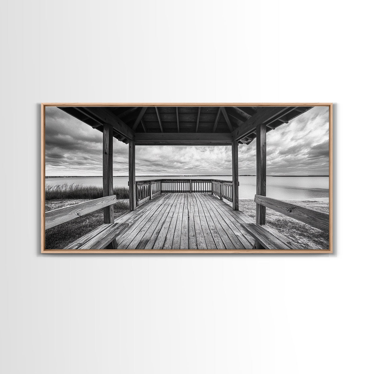Gazebo By Water, Serene Lake View, Rustic Deck Canvas Print, Minimalist Landscape Wall Art, Neutral Bedroom, Tranquil Home Decor