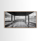 Gazebo By Water, Serene Lake View, Rustic Deck Canvas Print, Minimalist Landscape Wall Art, Neutral Bedroom, Tranquil Home Decor