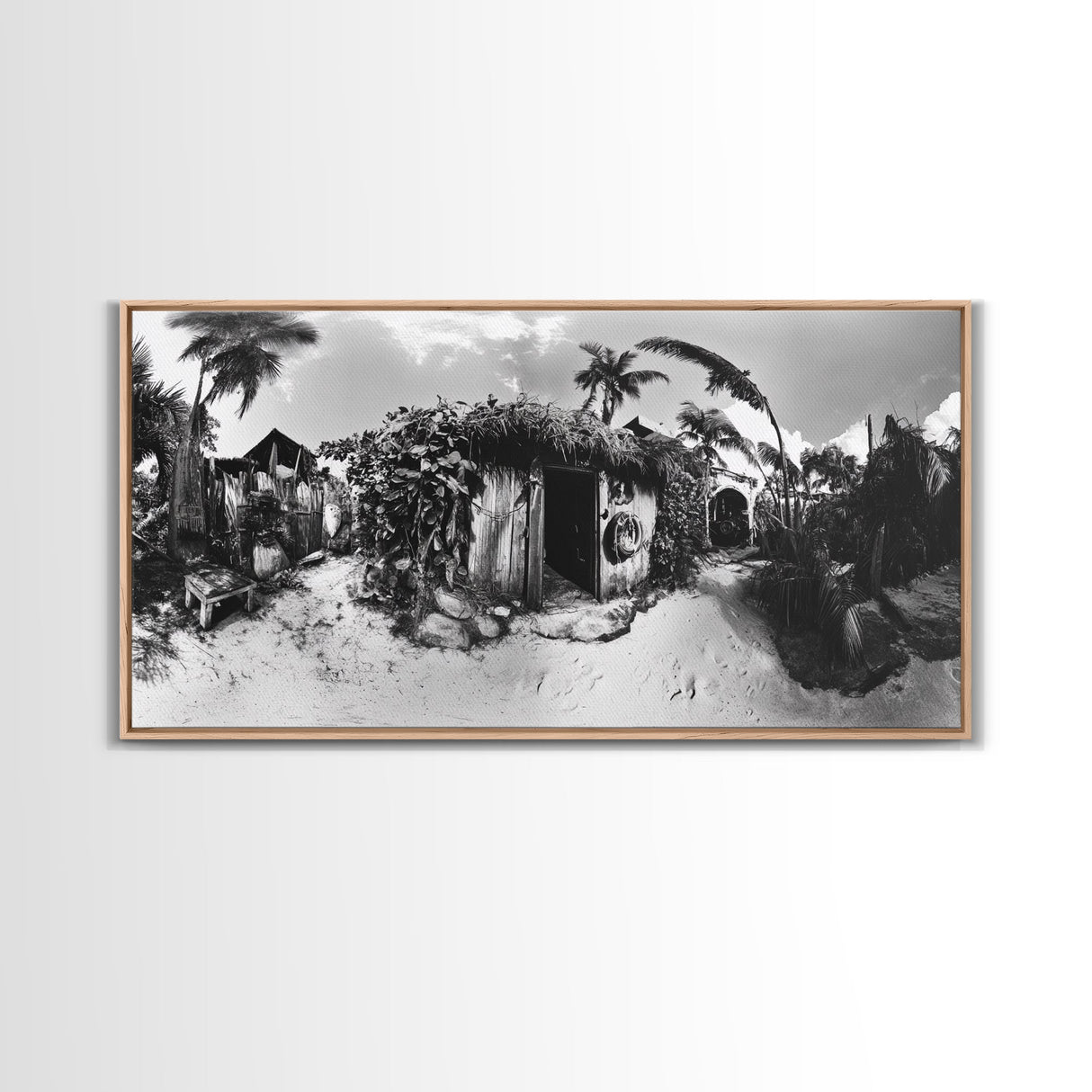 Tropical Beach Shack, Rustic Coastal Decor, Island Vibes, Palm Tree Jungle, Framed Canvas Print, Boho Living Room Wall Art