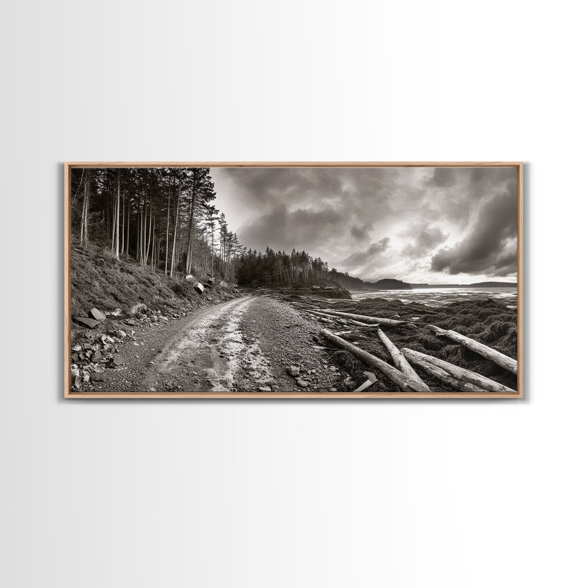 Forest Ocean Trail, Stormy Beach Scene, Driftwood Pathway, Framed Canvas Print, Cabin Entryway or Nature-Inspired Living Room Art