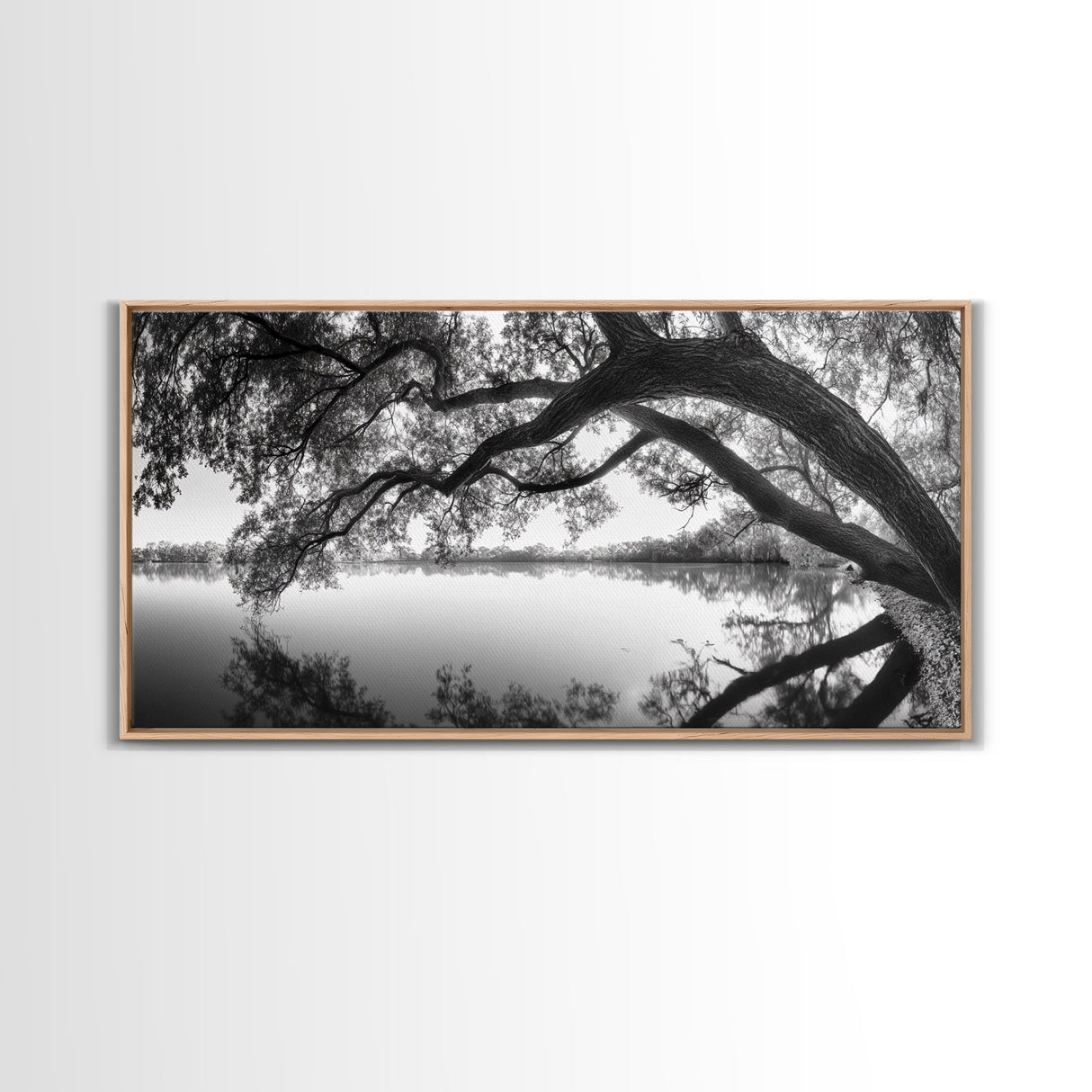 Serene Lake View, Tree Reflections, Calm Nature Landscape, Framed Canvas Print, Minimalist Bedroom or Spa Bathroom Wall Art